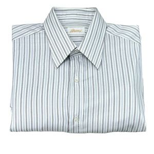 BRIONI WHITE WITH BLUE, BLACK & GRAY STRIPES DRESS SHIRT